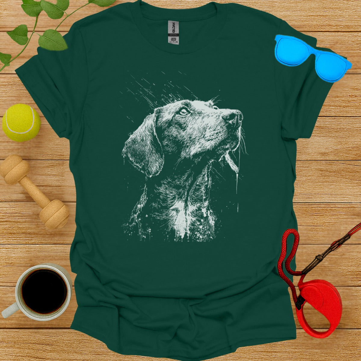 Artistic Dog Print Graphic Design on Green T-shirt