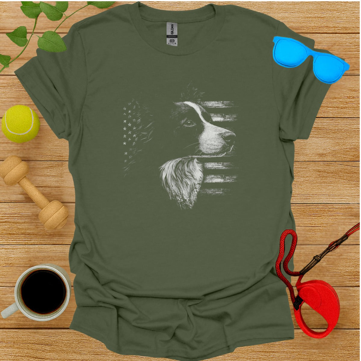 Vintage American Flag with Dog Print T-Shirt