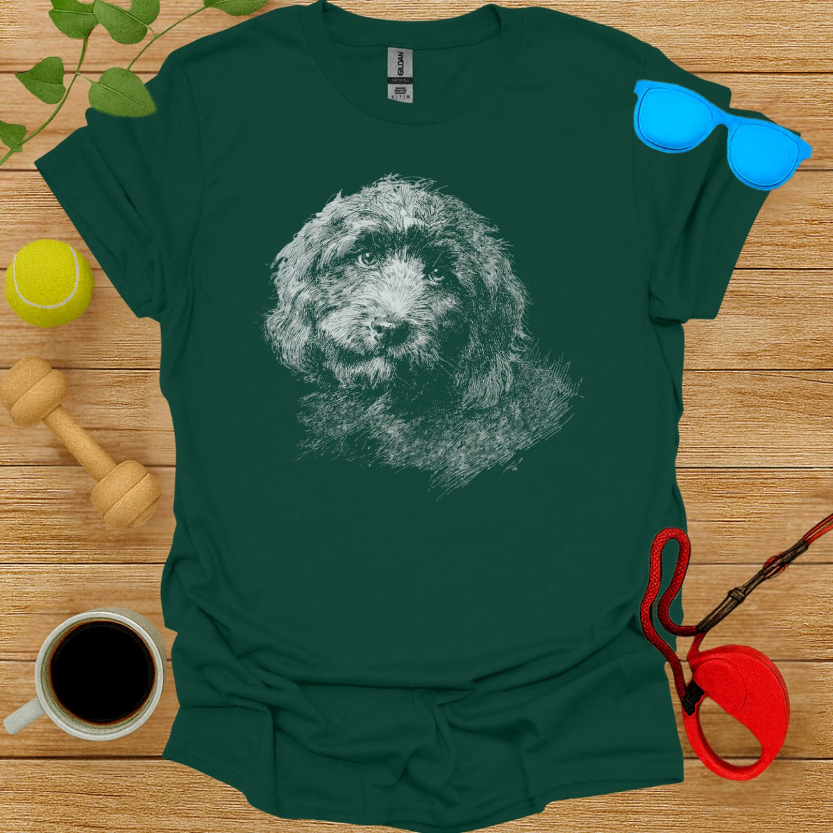 Artistic Dog Portrait on Green Fashion T-Shirt