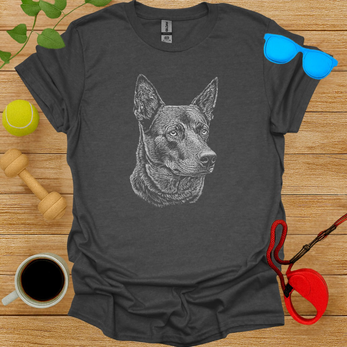 Detailed Dog Sketch Design on Charcoal Grey Shirt