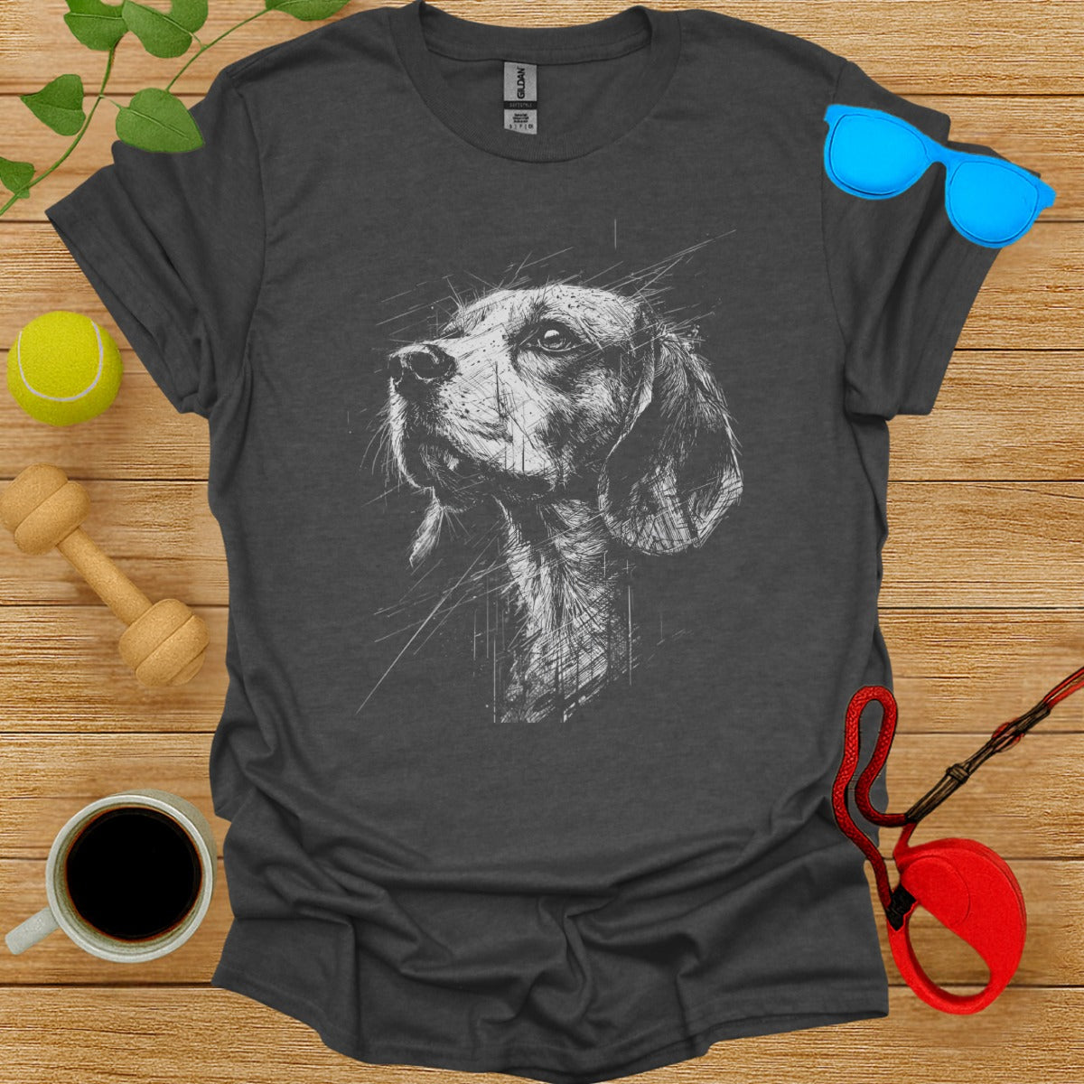 Sketch Style Dog Portrait Print on Charcoal Grey Shirt