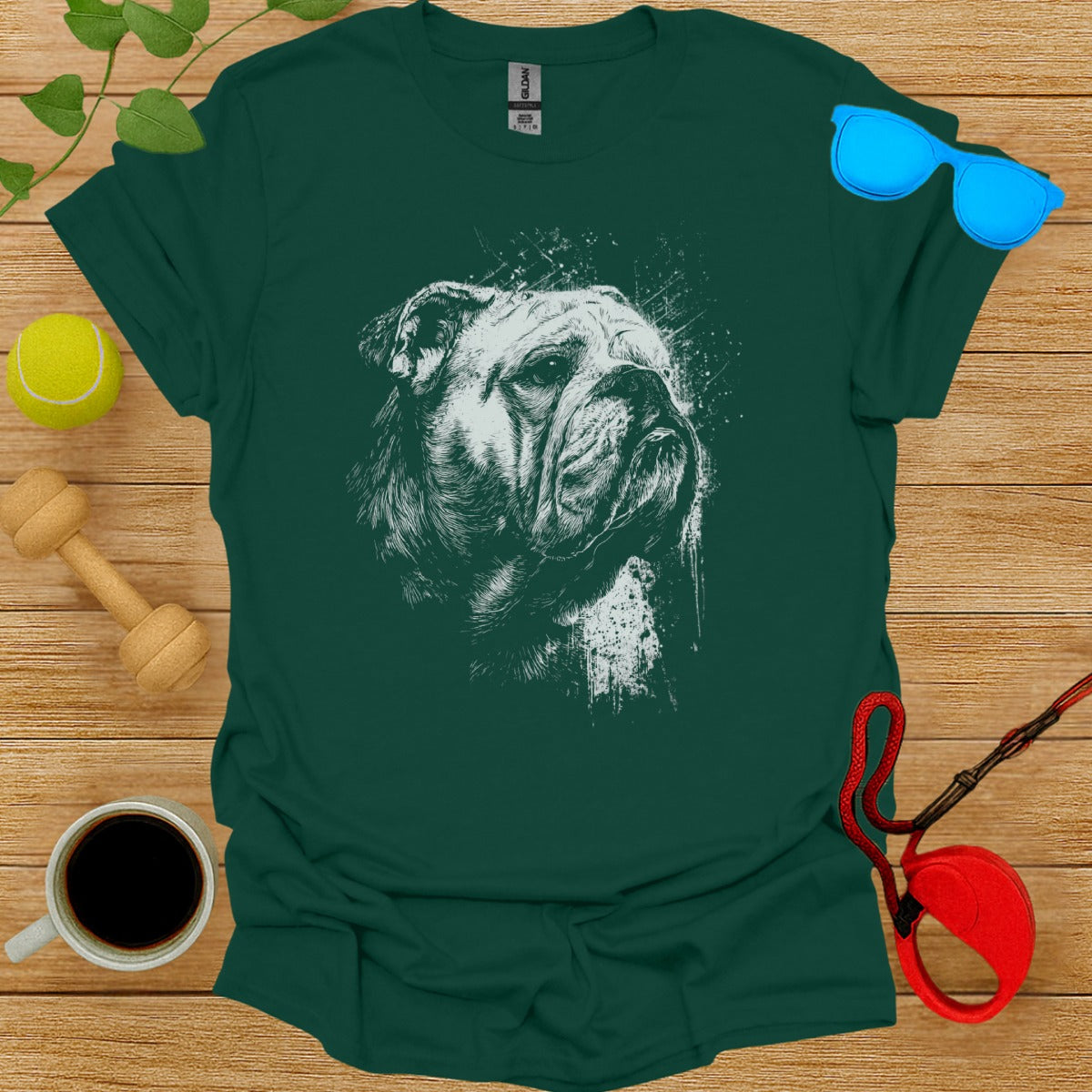 Realistic Bulldog Dog Illustration on Green T-shirt