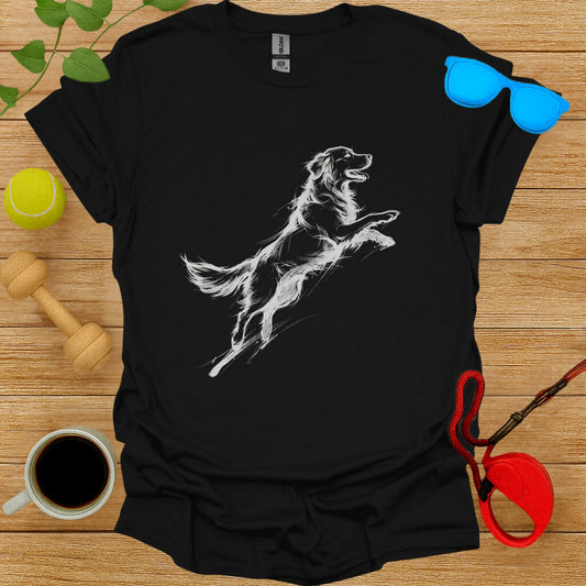 Artistic Leaping Dog Illustration on Black T-shirt