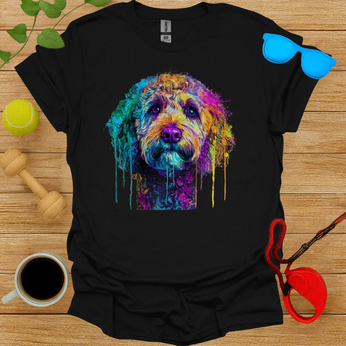 Colorful Abstract Dog Design Black T-Shirt