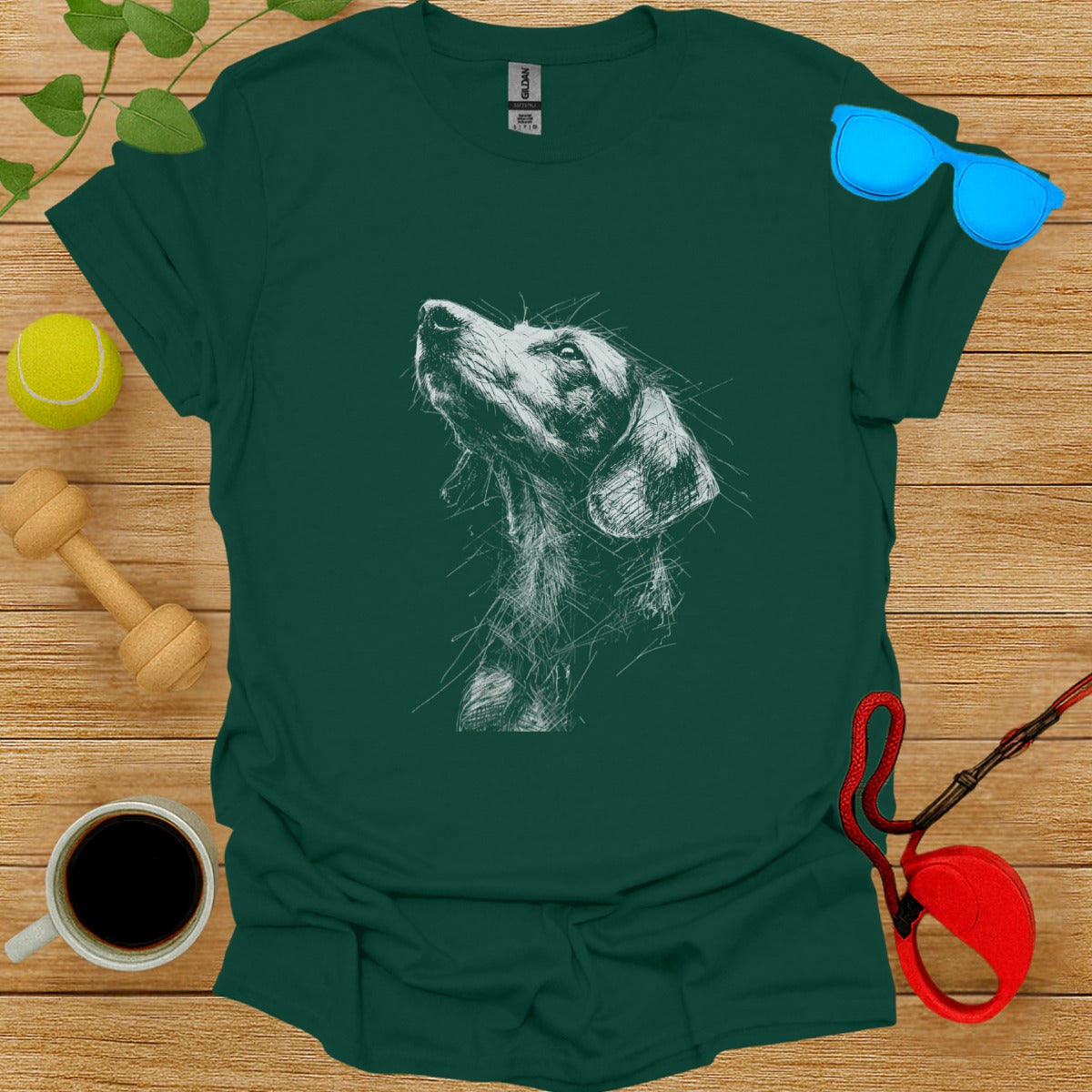 Artistic Sketch Dog Design on Dark Green T-Shirt