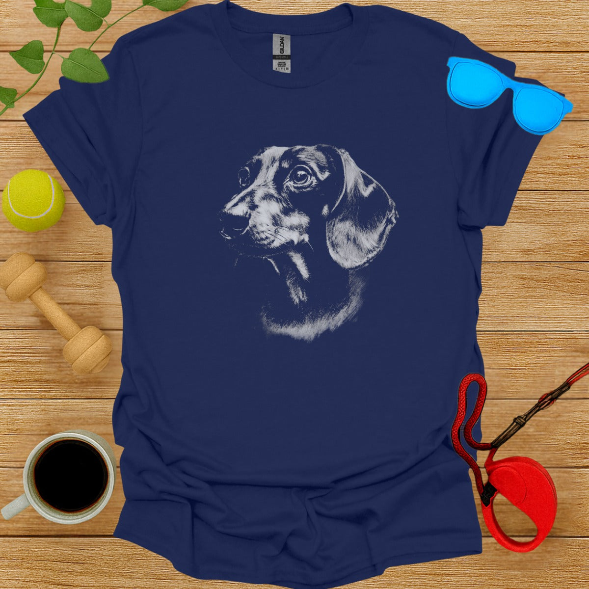 Dachshund Portrait Graphic on Blue Tee Shirt