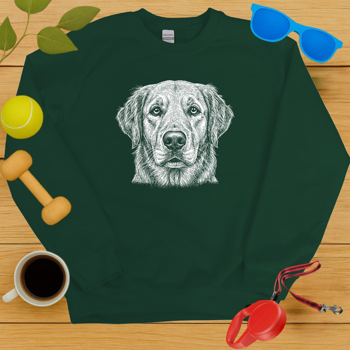 Realistic Dog Face Print on Green Sweatshirt
