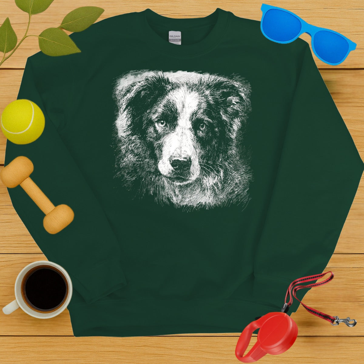 Artistic Dog Face Print on Green Sweatshirt